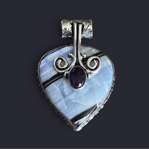 Artisan Jewelry - Teardrop Natural Owyhee Opal & Amethyst 2” Gemstone Silver Pendant